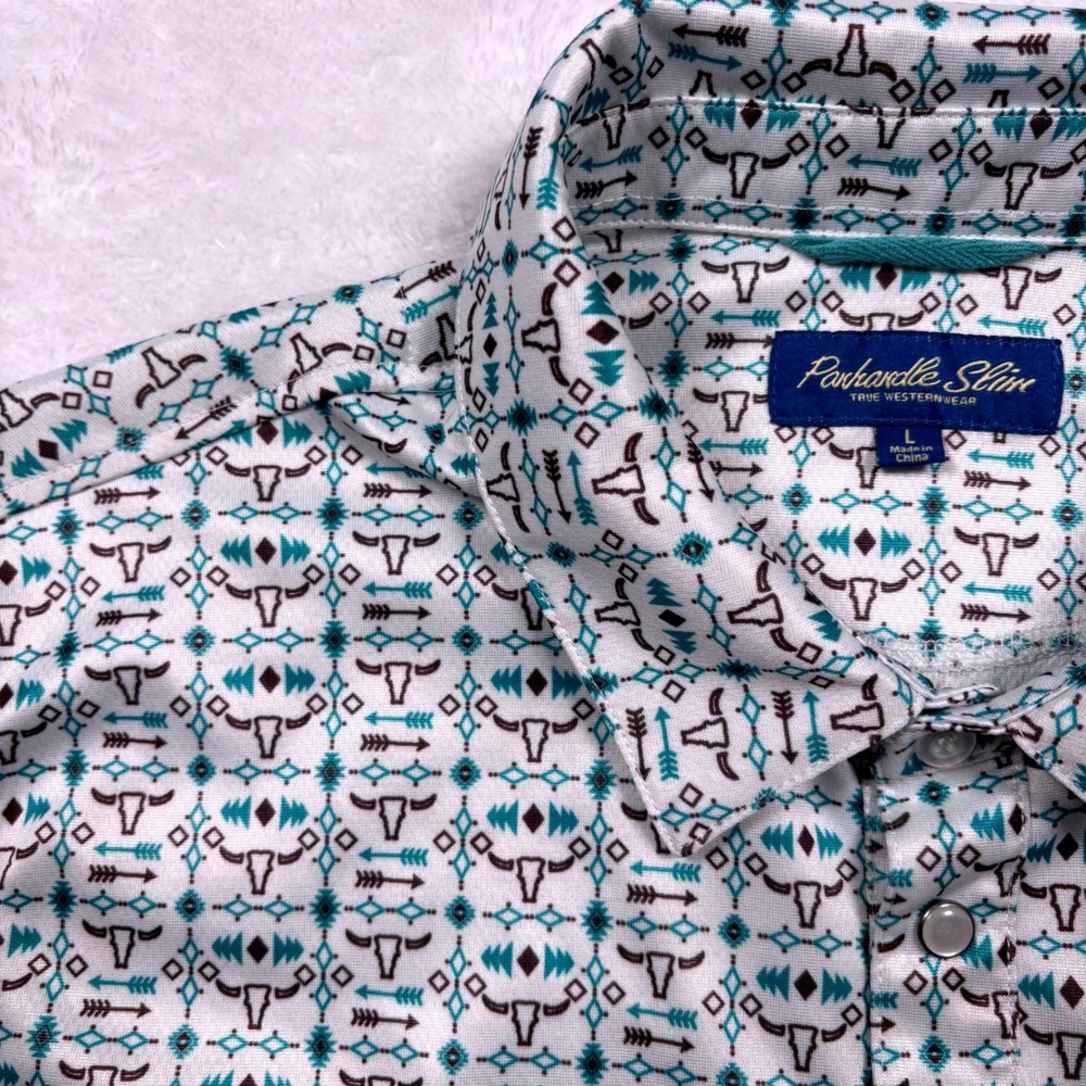 Panhandle Slim Western Steer Skull Polo Men L Teal Brown Performance Pearl Snap